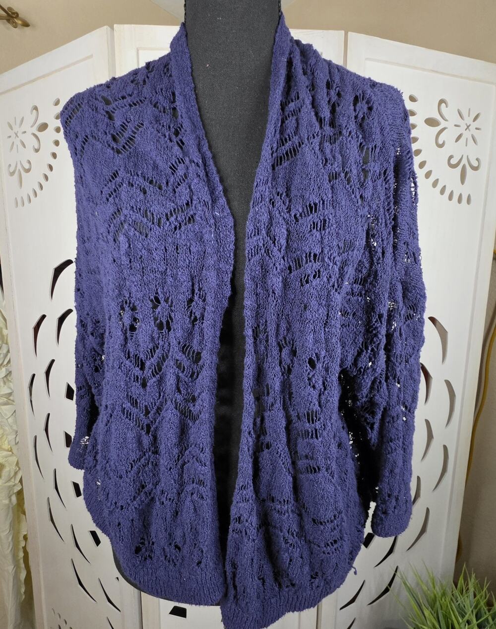 Womens Mango Blue Crochet Cardigan Sweater Long Sleeve Casual Cozy Size XS